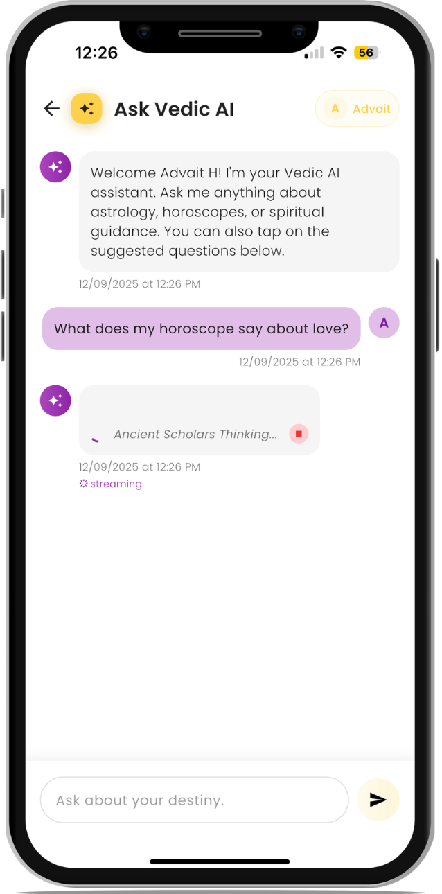 Vedic Echos App User Profile - Personalized Astrology Dashboard with Birth Chart