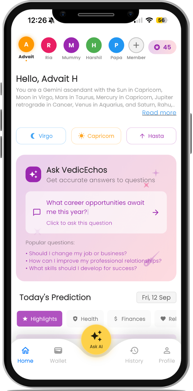 Vedic Echos App User Profile - Personalized Astrology Dashboard with Birth Chart
