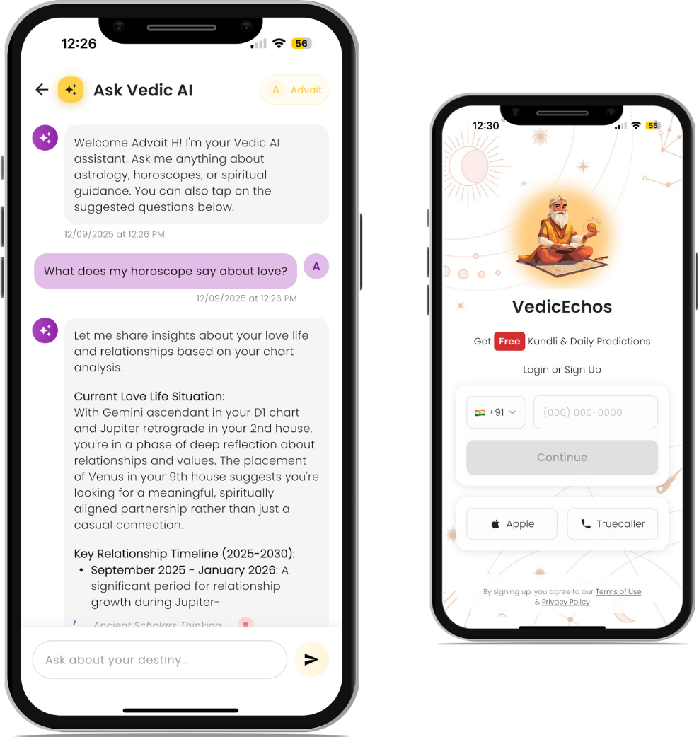 Vedic Echos Astrology Mobile App - iPhone Screenshot showing AI Chat and Birth Chart Features